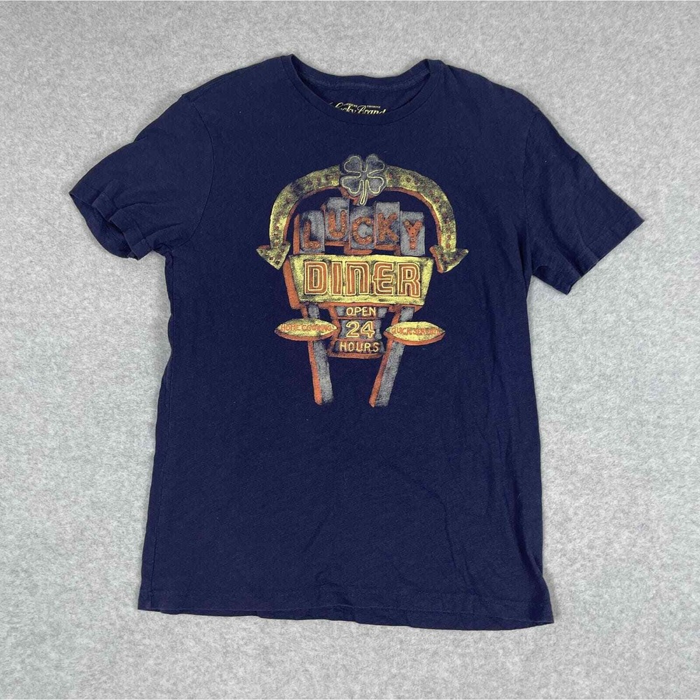 Lucky Brand Shirt Size M Blue Short Sleeve Lucky Diner Retro Vintage